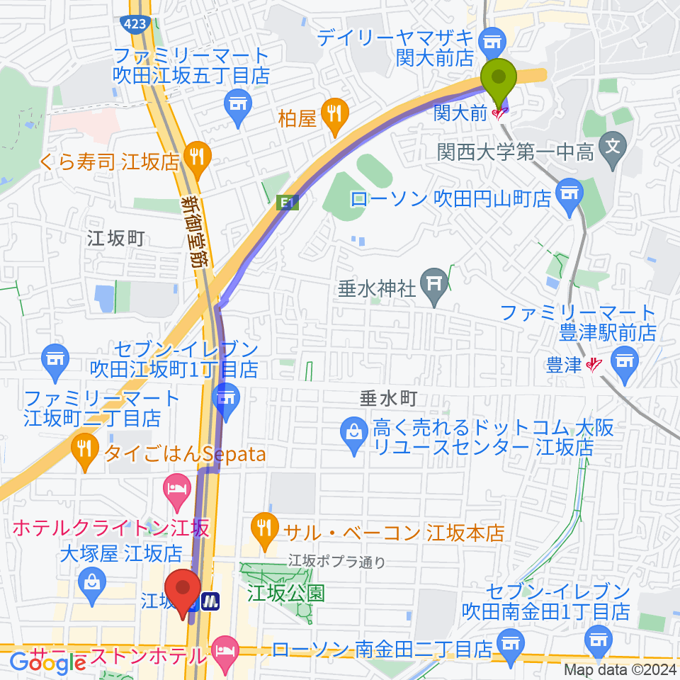 関大前駅から江坂GAROへのルートマップ地図