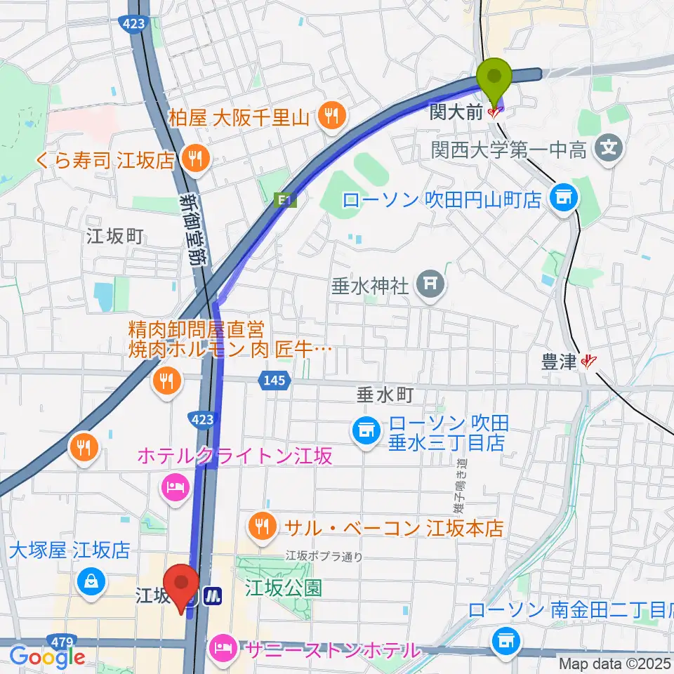 関大前駅から江坂GAROへのルートマップ地図