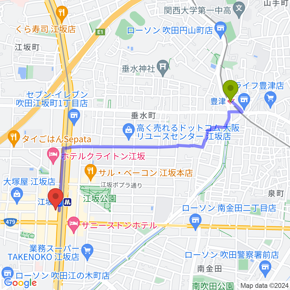 豊津駅から江坂GAROへのルートマップ地図