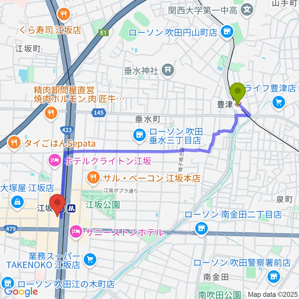 豊津駅から江坂GAROへのルートマップ地図