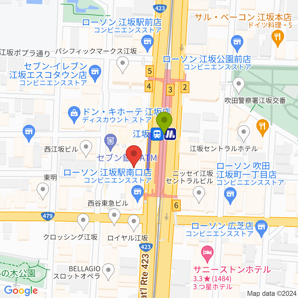 江坂GAROの最寄駅江坂駅からの徒歩ルート（約1分）地図