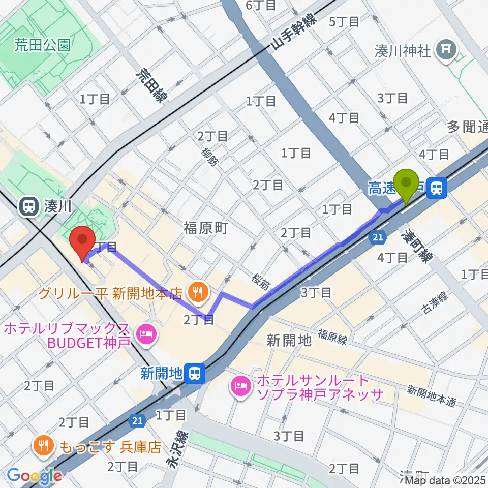 高速神戸駅から湊川Cafe sunへのルートマップ地図
