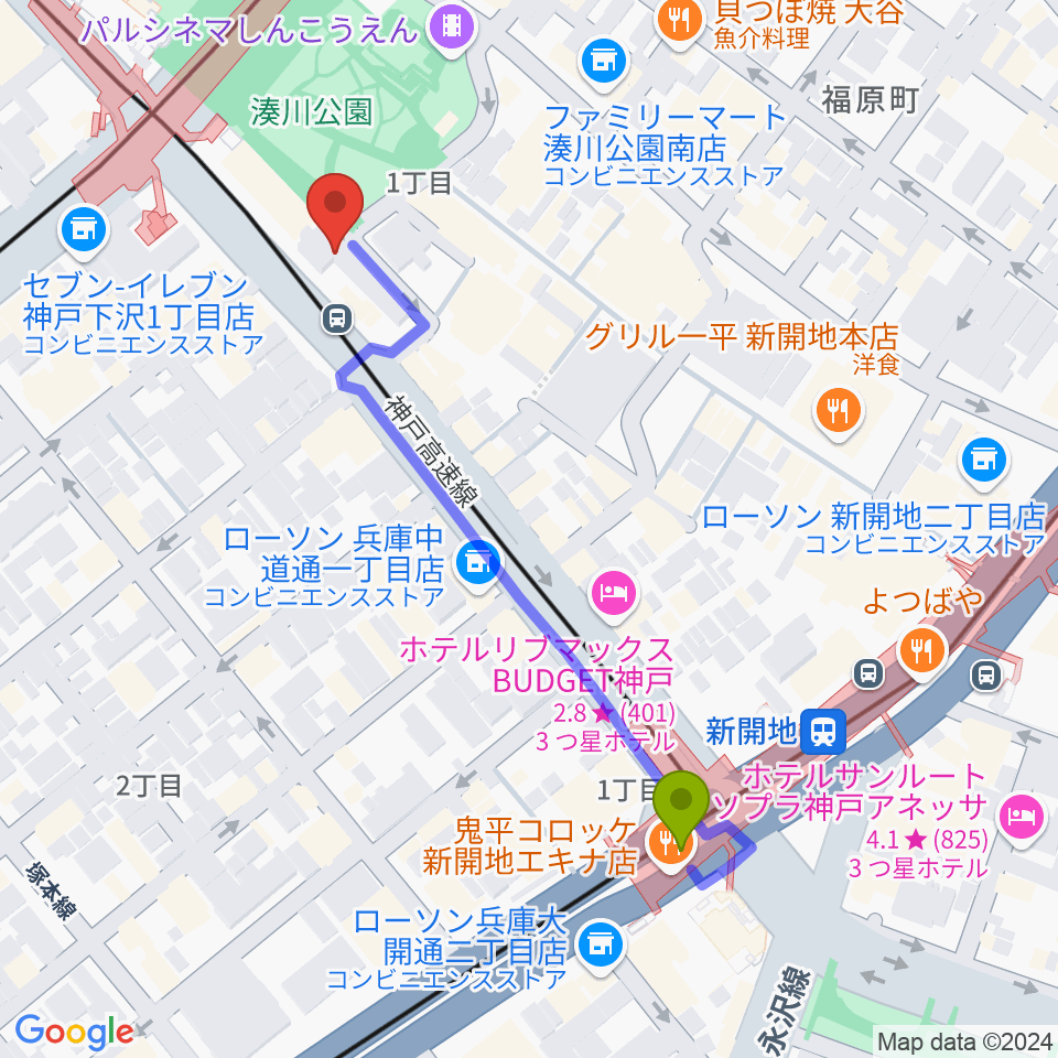 新開地駅から湊川Cafe sunへのルートマップ地図