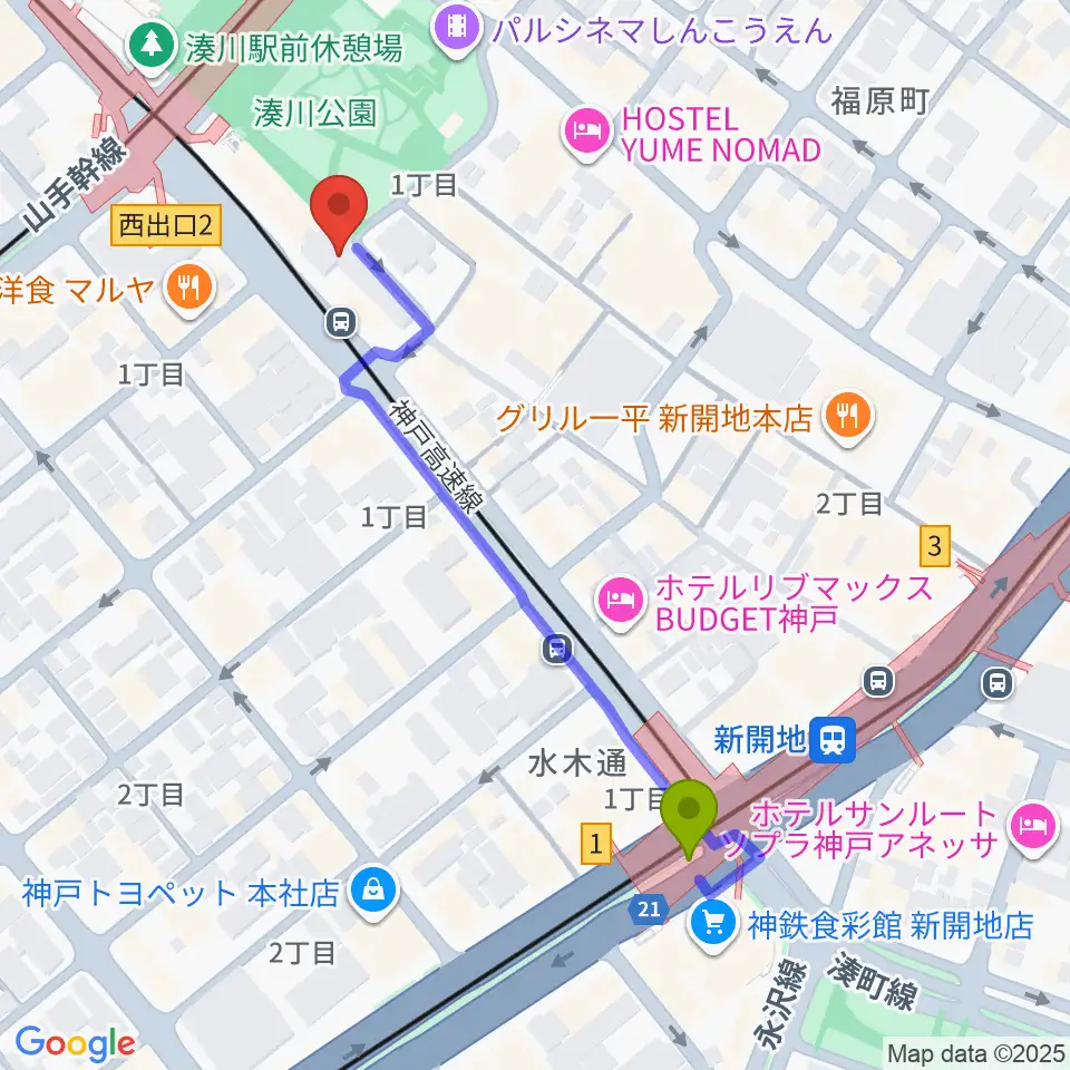 新開地駅から湊川Cafe sunへのルートマップ地図