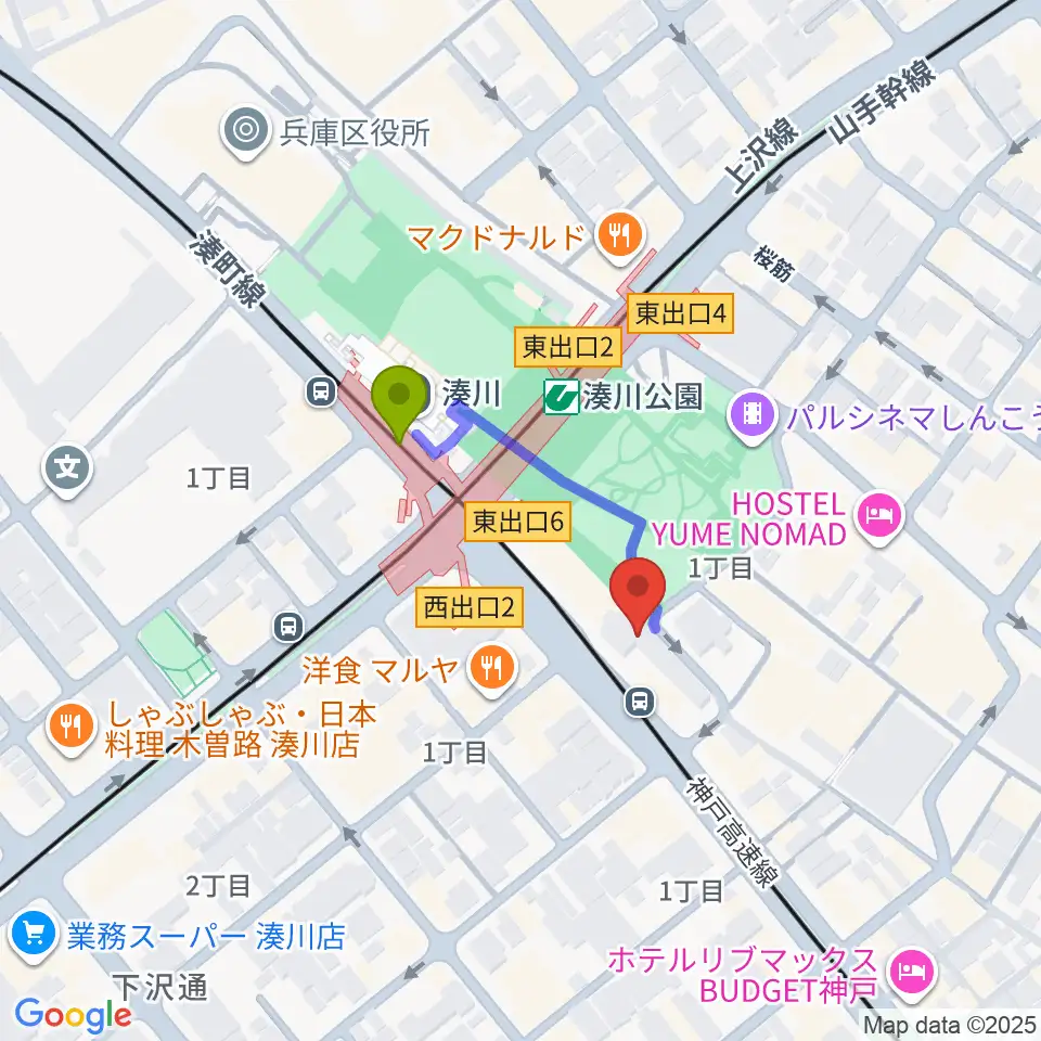 湊川Cafe sunの最寄駅湊川駅からの徒歩ルート（約2分）地図