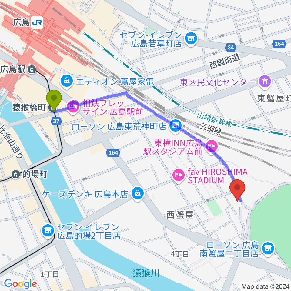 フォークスペース 置時計の最寄駅猿猴橋町駅からの徒歩ルート（約11分）地図