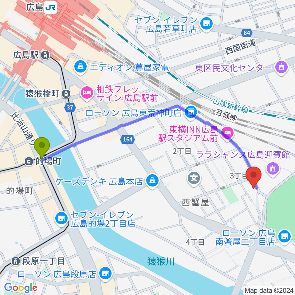 的場町駅からフォークスペース 置時計へのルートマップ地図