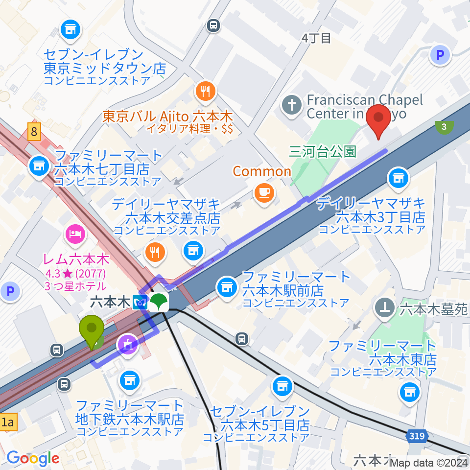 六本木ケントスの最寄駅六本木駅からの徒歩ルート（約6分）地図