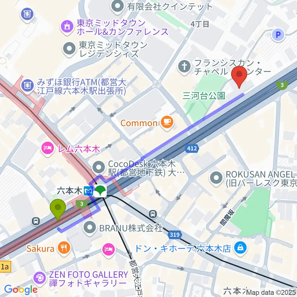 六本木ケントスの最寄駅六本木駅からの徒歩ルート（約6分）地図