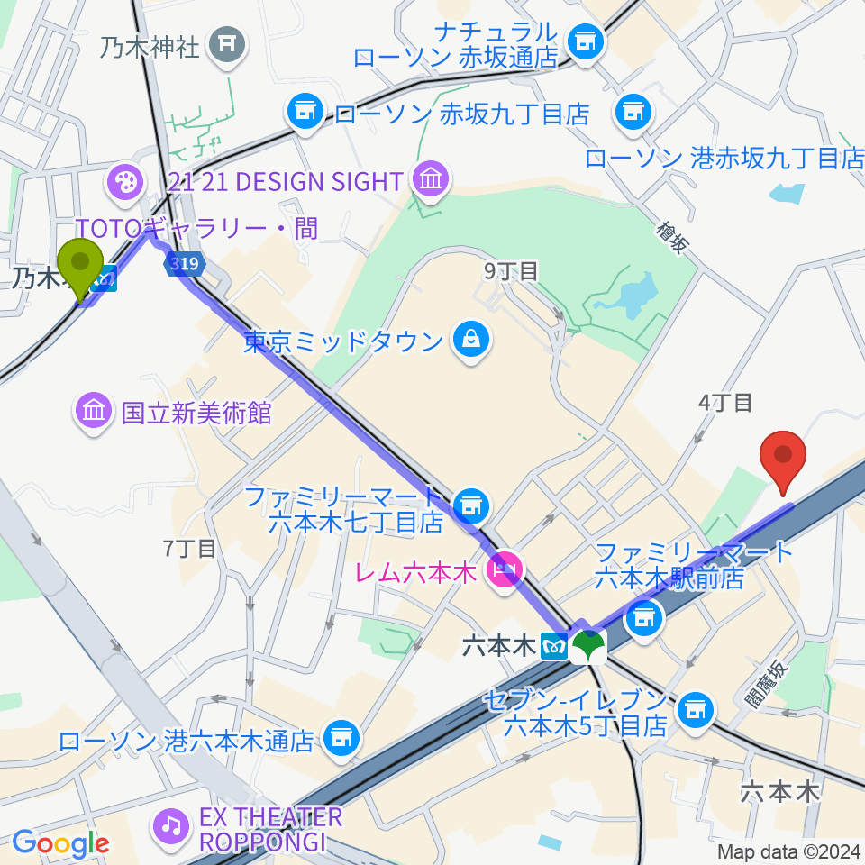 乃木坂駅から六本木ケントスへのルートマップ地図