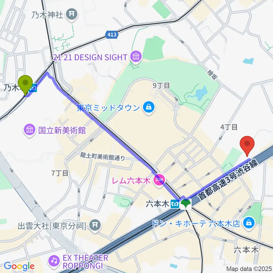 乃木坂駅から六本木ケントスへのルートマップ地図