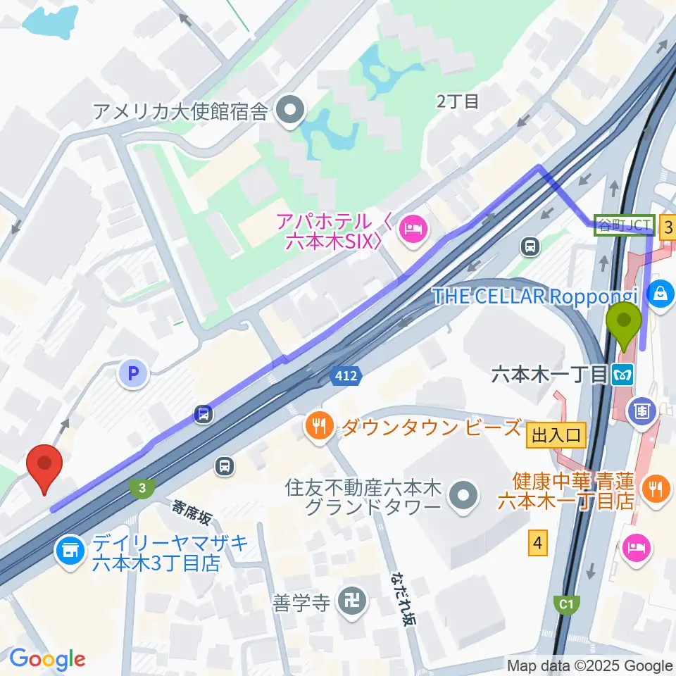 六本木一丁目駅から六本木ケントスへのルートマップ地図