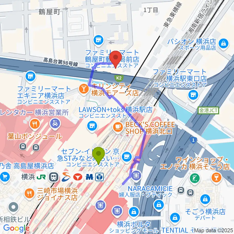 横浜ケントスの最寄駅横浜駅からの徒歩ルート（約3分）地図