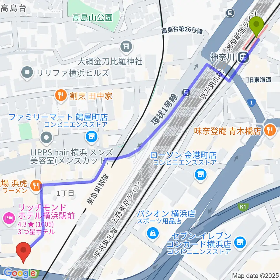 神奈川駅から横浜ケントスへのルートマップ地図