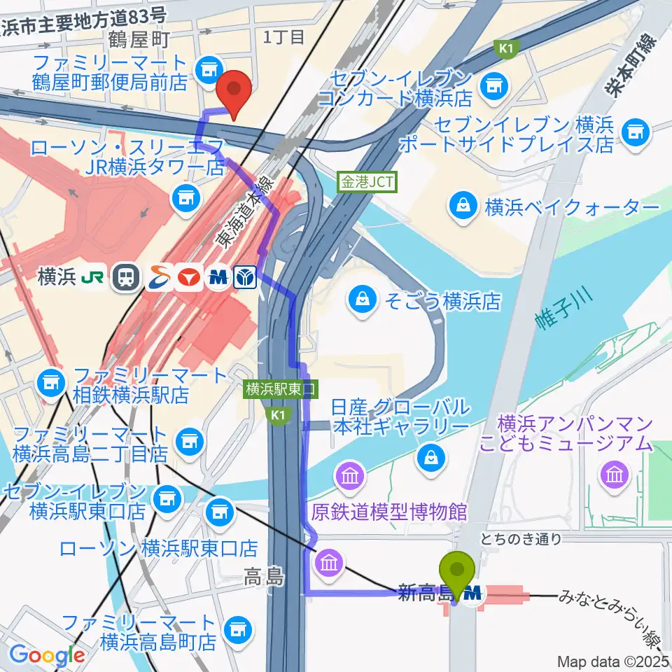 新高島駅から横浜ケントスへのルートマップ地図