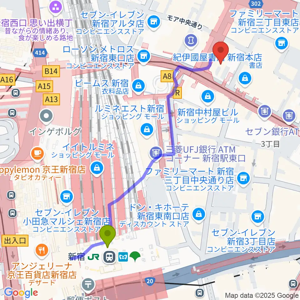 新宿駅から新宿ケントスへのルートマップ地図