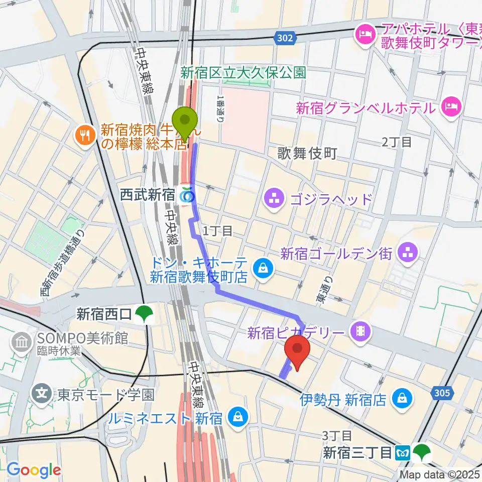 西武新宿駅から新宿ケントスへのルートマップ地図