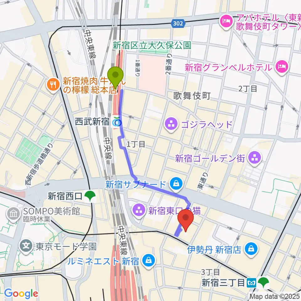 西武新宿駅から新宿ケントスへのルートマップ地図