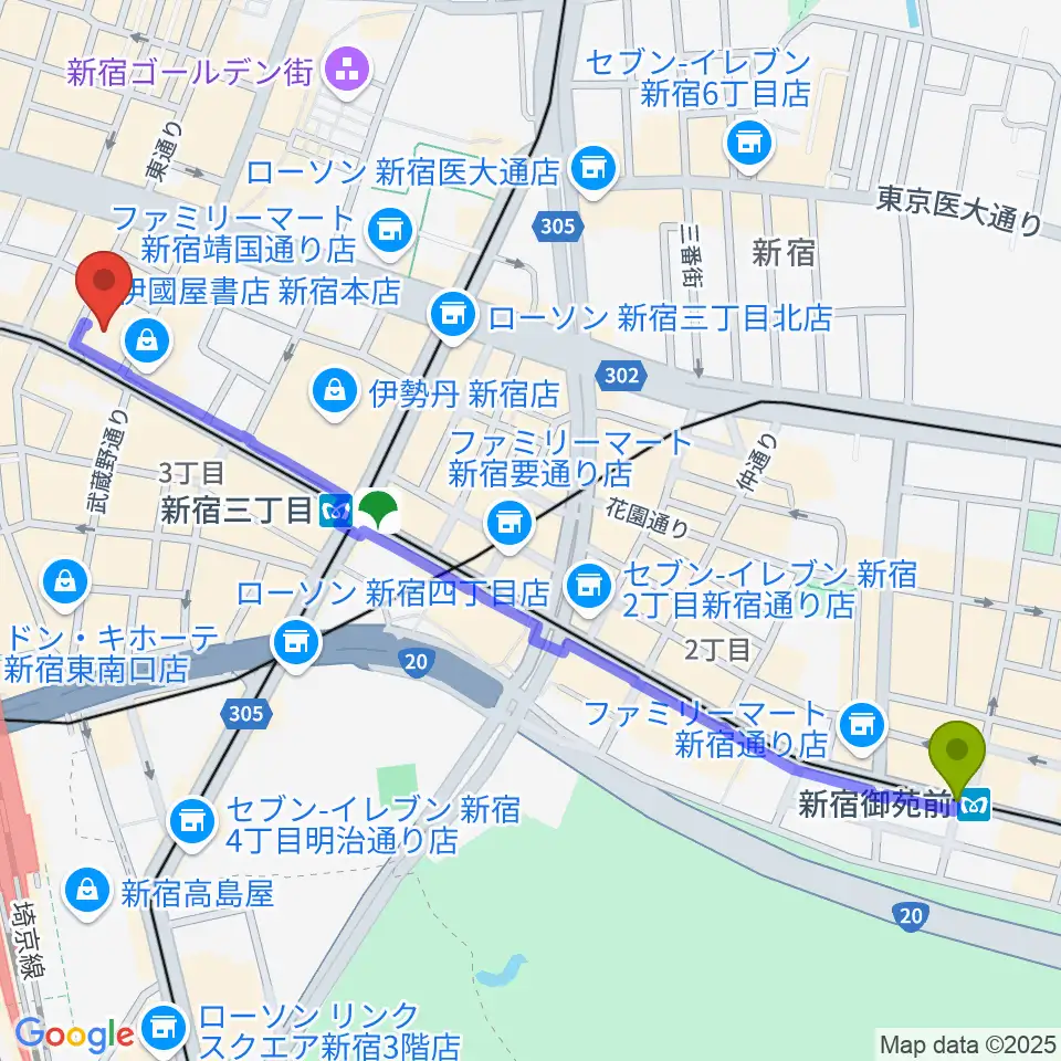 新宿御苑前駅から新宿ケントスへのルートマップ地図