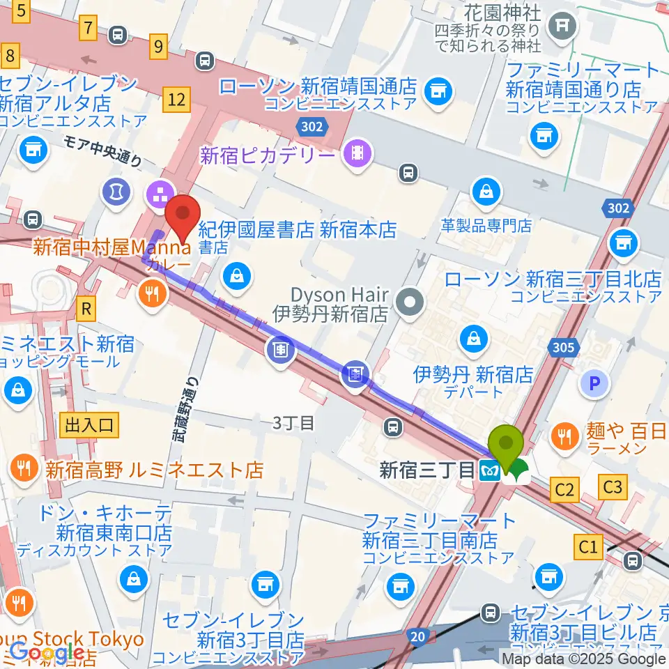 新宿ケントスの最寄駅新宿三丁目駅からの徒歩ルート（約5分）地図