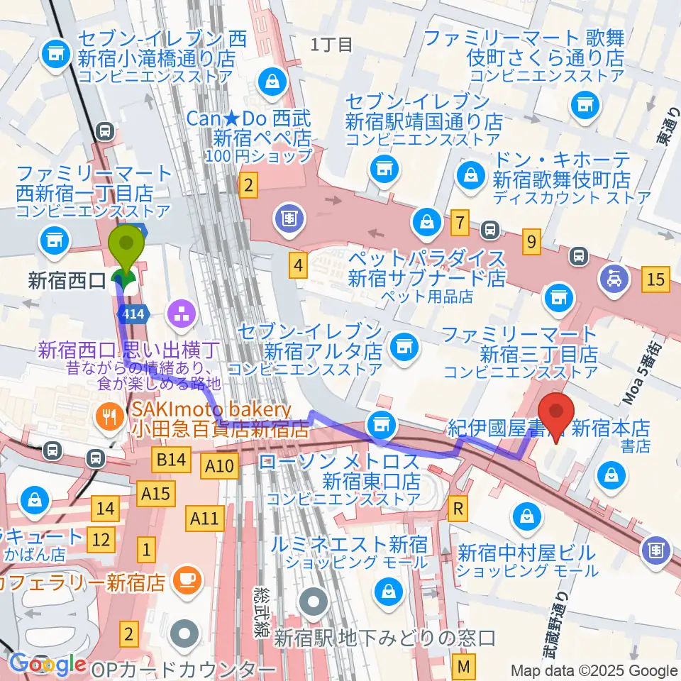 新宿西口駅から新宿ケントスへのルートマップ地図