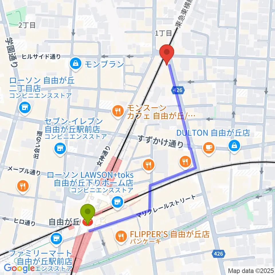 自由ヶ丘ヴァイオリンの最寄駅自由が丘駅からの徒歩ルート（約5分）地図
