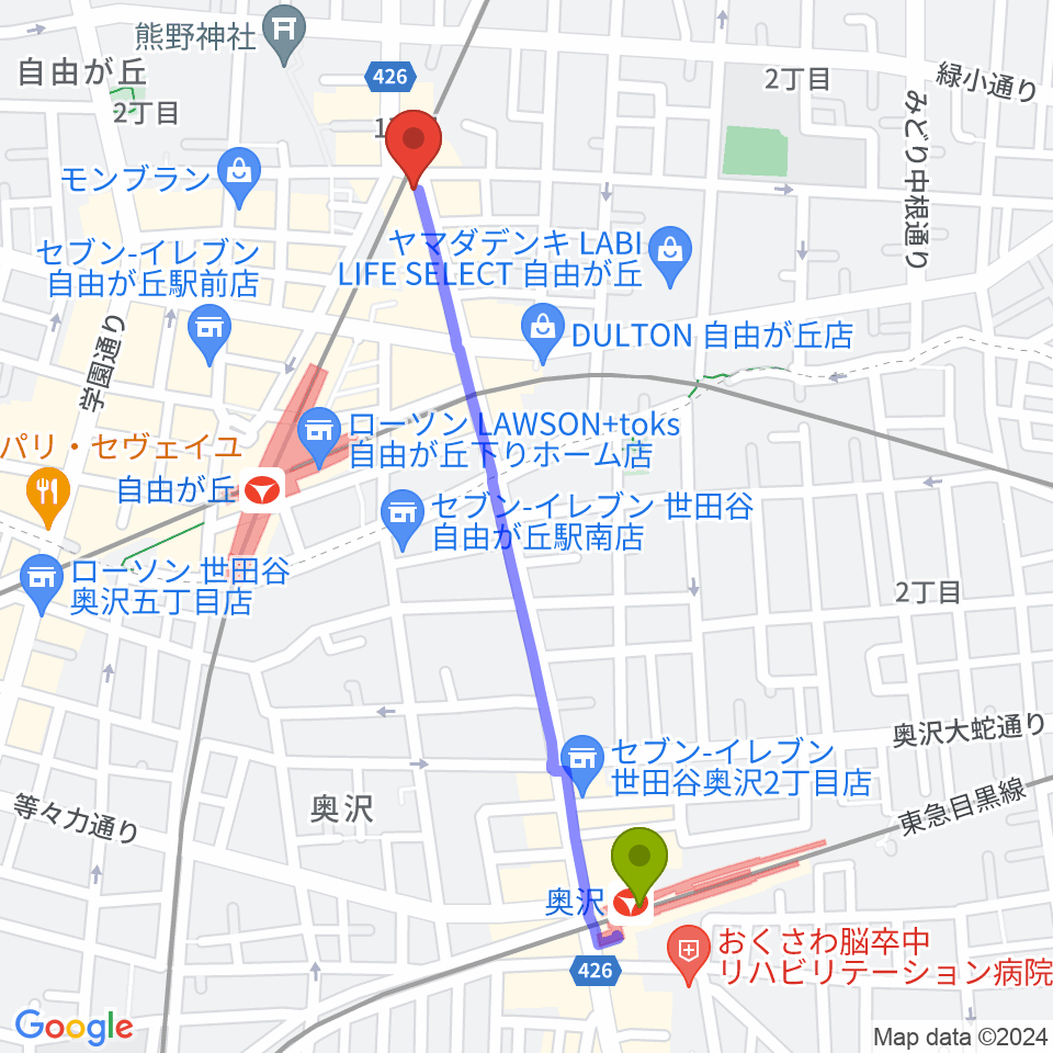 奥沢駅から自由ヶ丘ヴァイオリンへのルートマップ地図