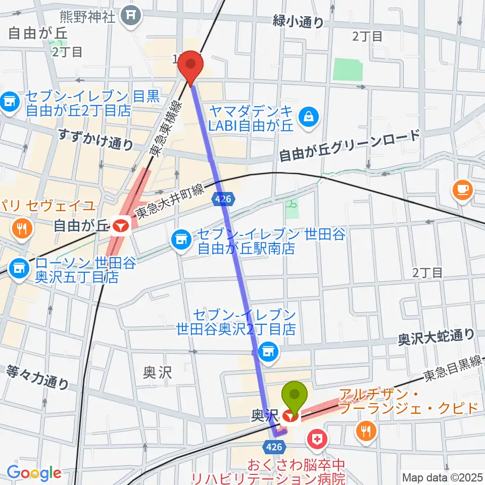 奥沢駅から自由ヶ丘ヴァイオリンへのルートマップ地図
