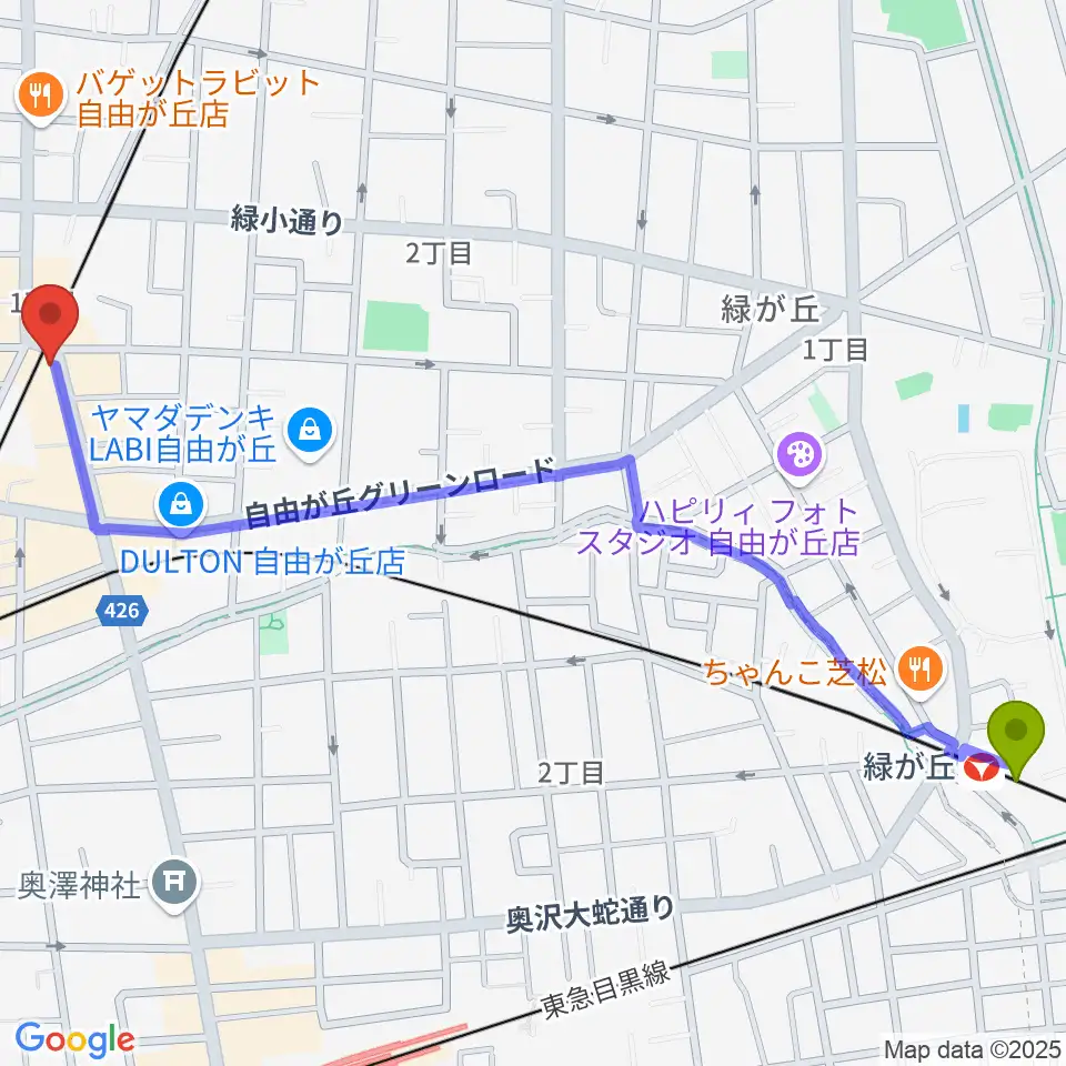 緑が丘駅から自由ヶ丘ヴァイオリンへのルートマップ地図