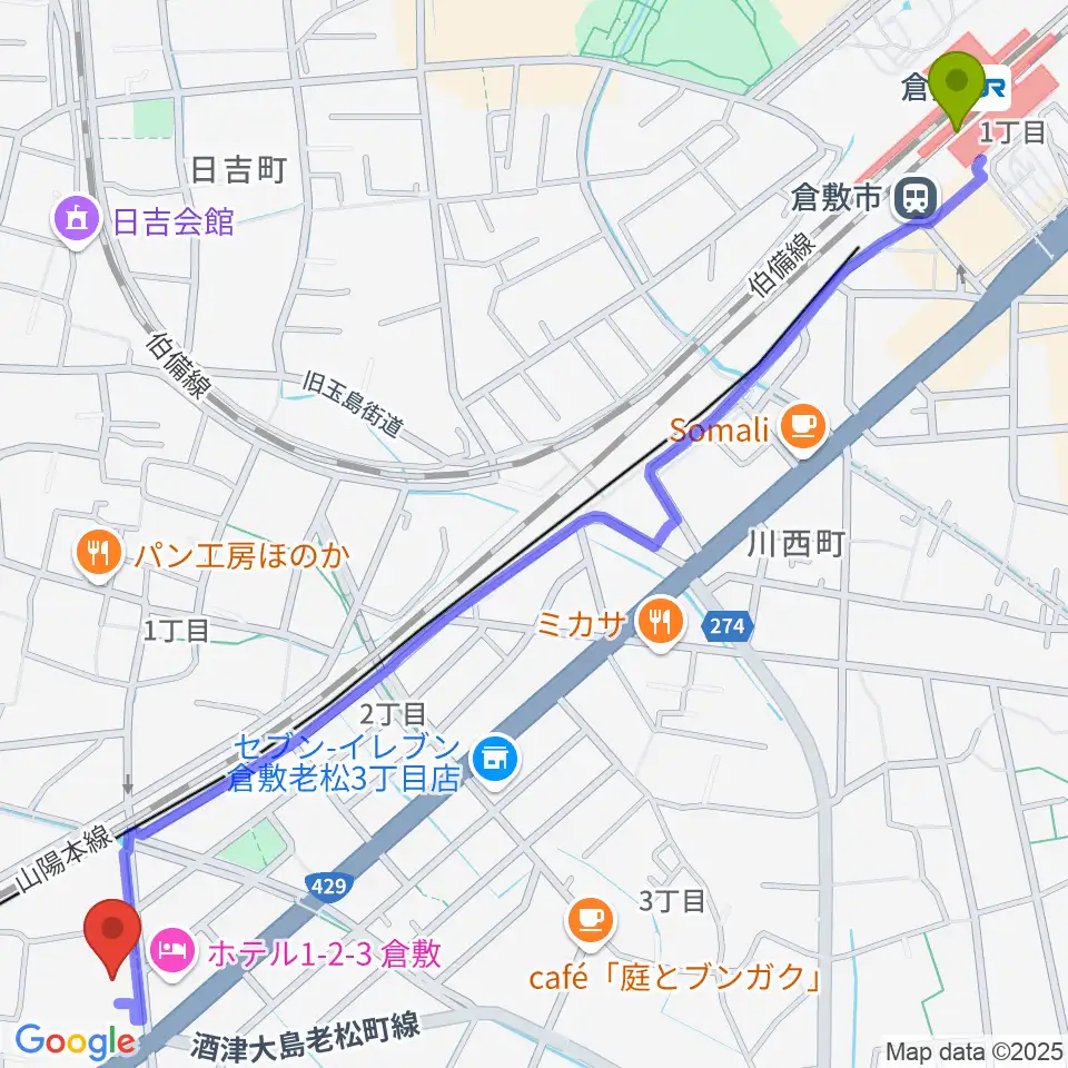 倉敷駅から倉敷レッドボックスへのルートマップ地図