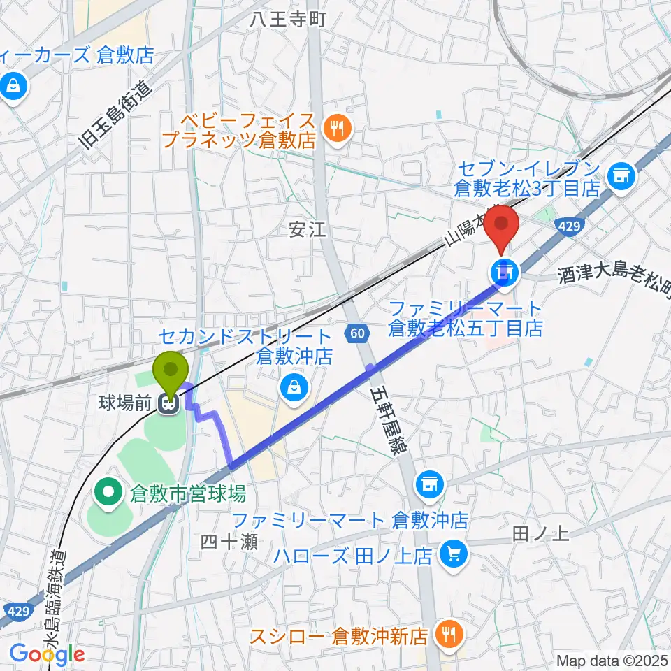 倉敷レッドボックスの最寄駅球場前駅からの徒歩ルート（約17分）地図
