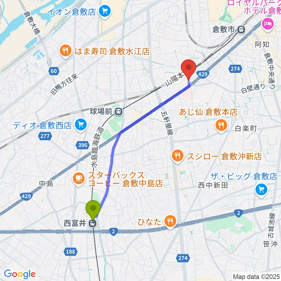西富井駅から倉敷レッドボックスへのルートマップ地図