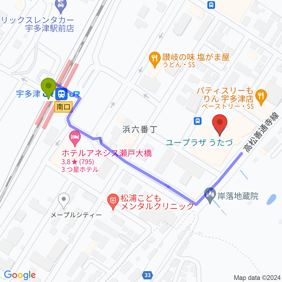 ユープラザうたづの最寄駅宇多津駅からの徒歩ルート（約5分）地図