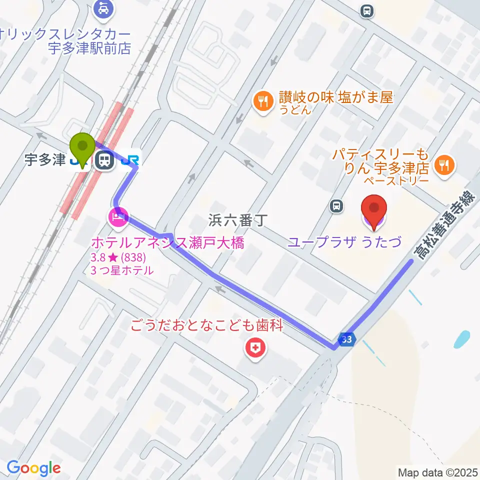ユープラザうたづの最寄駅宇多津駅からの徒歩ルート（約5分）地図