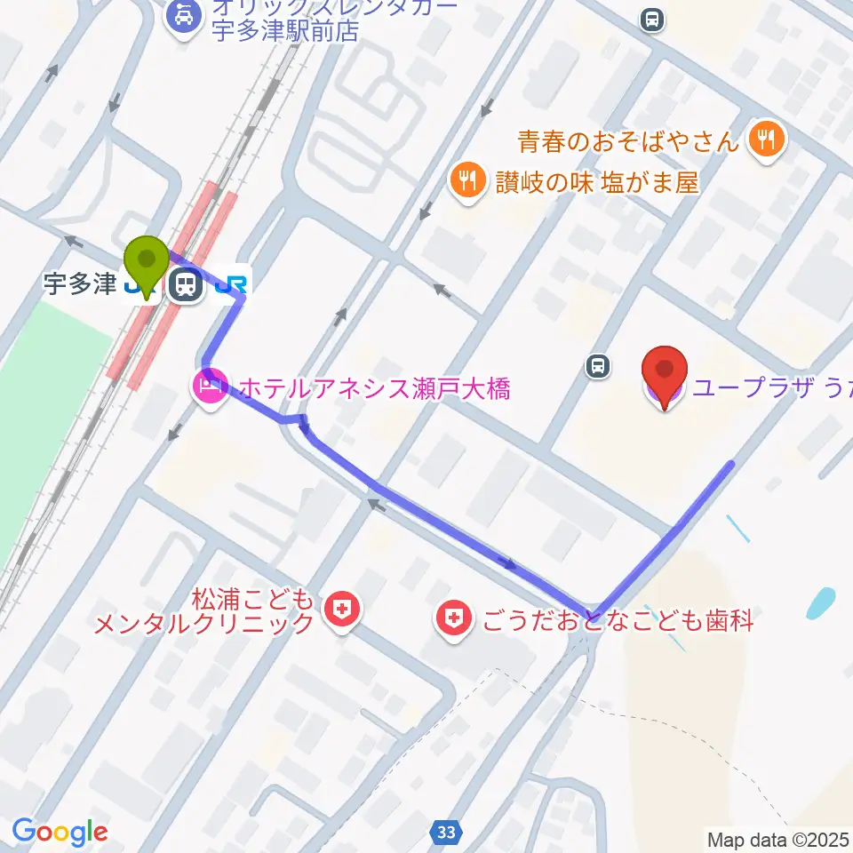 ユープラザうたづの最寄駅宇多津駅からの徒歩ルート（約5分）地図