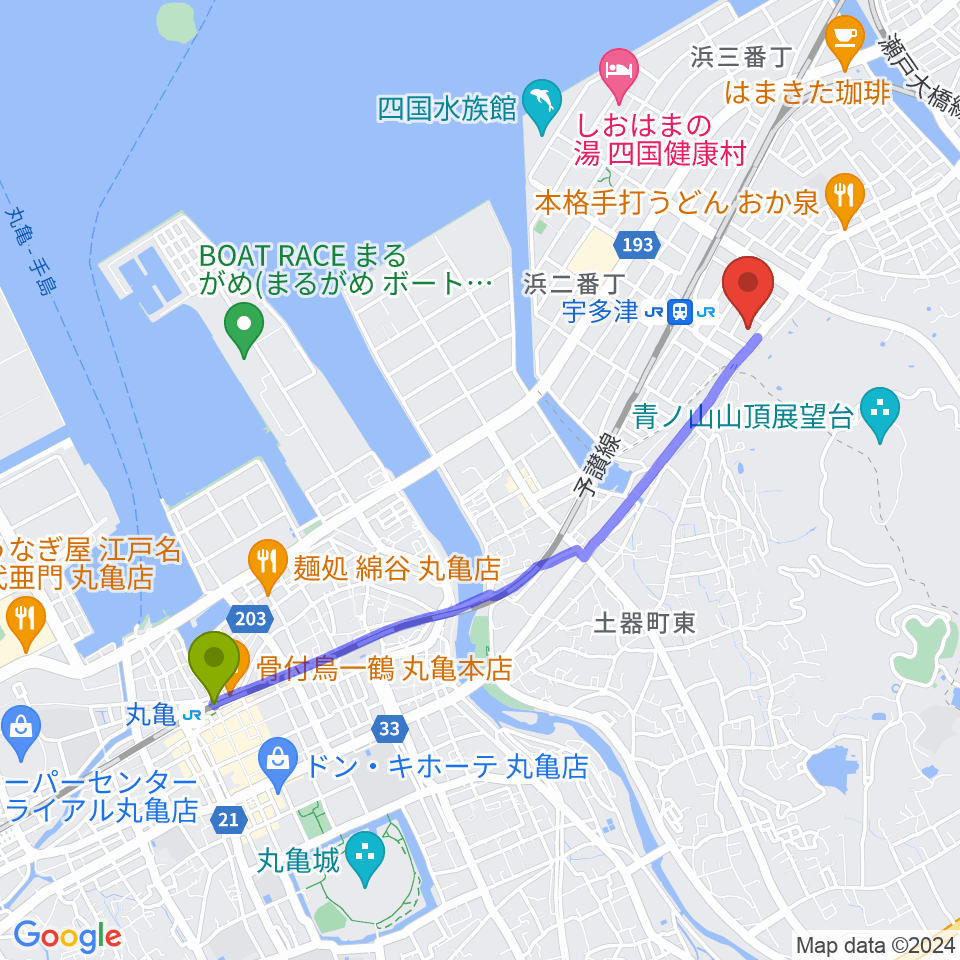 丸亀駅からユープラザうたづへのルートマップ地図