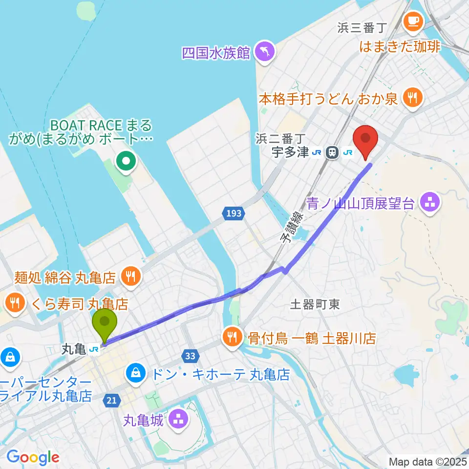 丸亀駅からユープラザうたづへのルートマップ地図