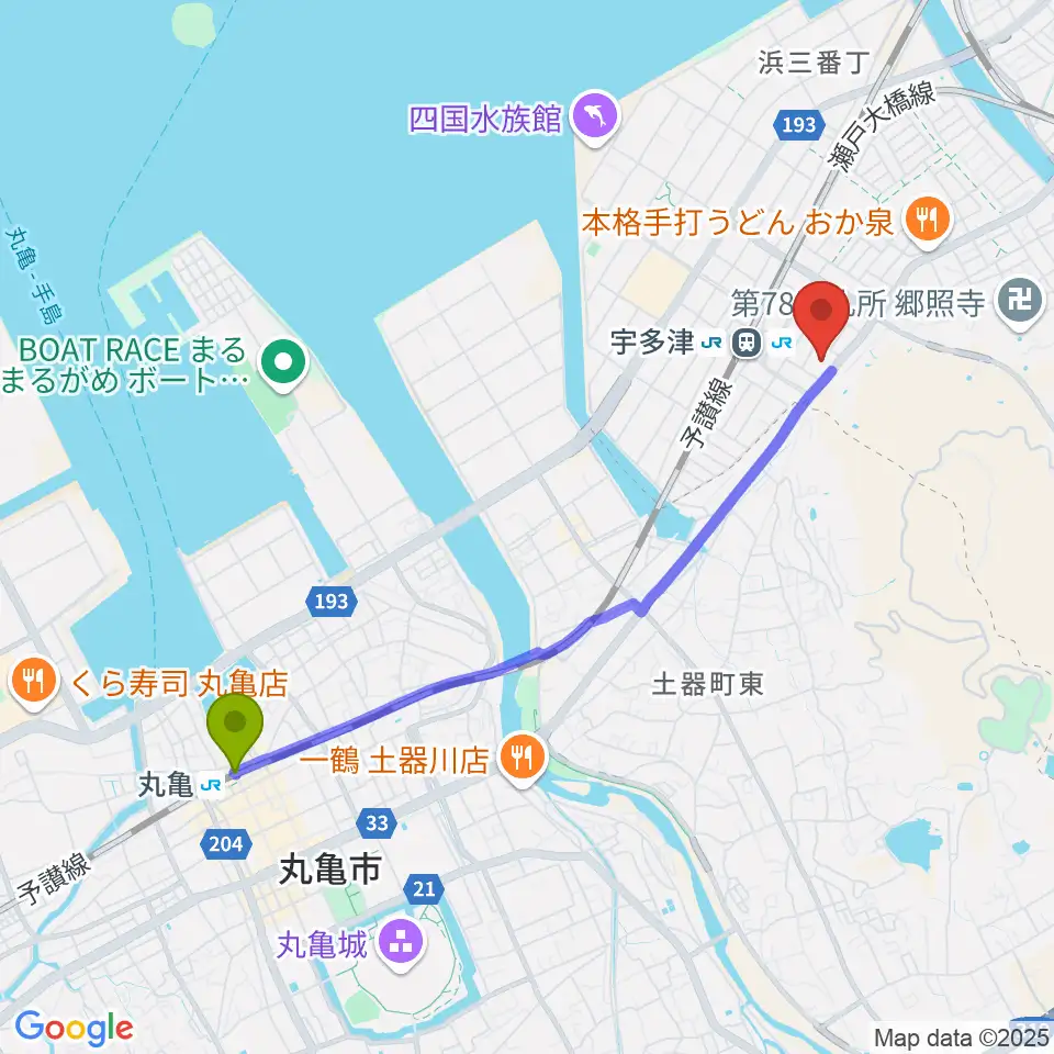 丸亀駅からユープラザうたづへのルートマップ地図