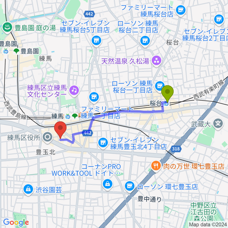 桜台駅から練馬BE-bornへのルートマップ地図