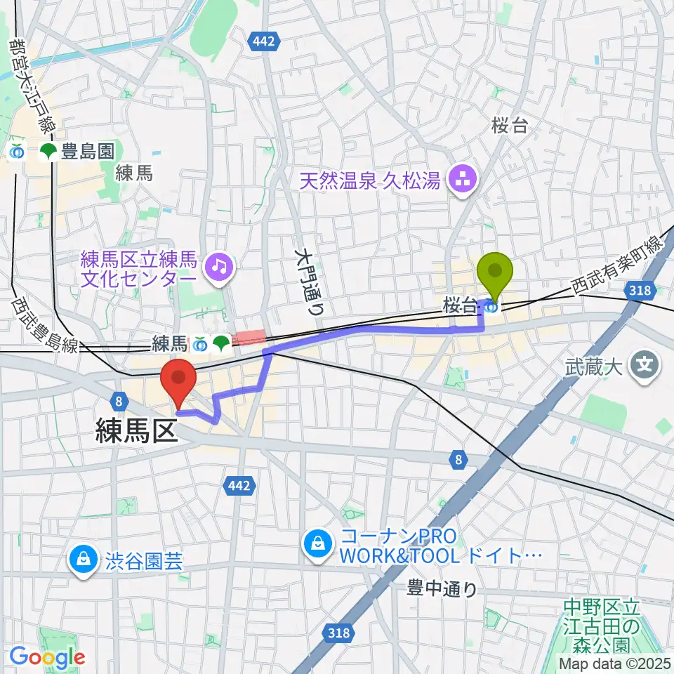 桜台駅から練馬BE-bornへのルートマップ地図