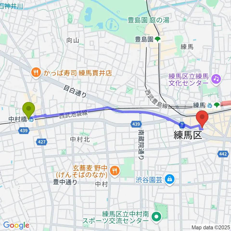 中村橋駅から練馬BE-bornへのルートマップ地図