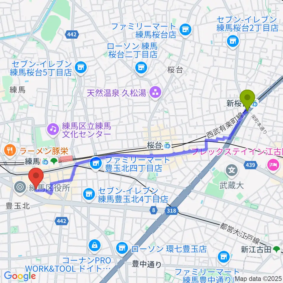 新桜台駅から練馬BE-bornへのルートマップ地図