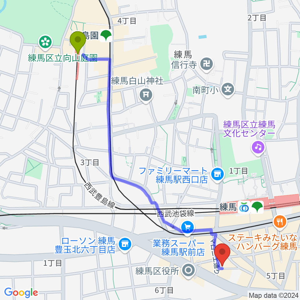 豊島園駅から練馬BE-bornへのルートマップ地図