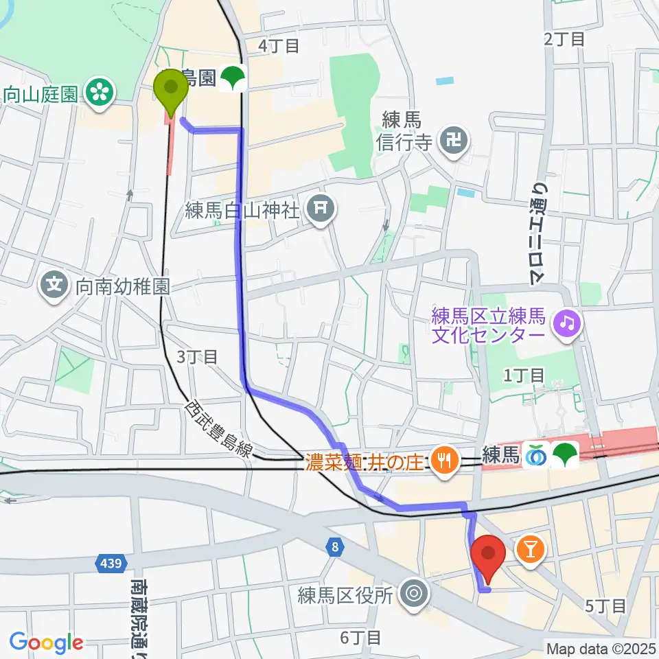 豊島園駅から練馬BE-bornへのルートマップ地図