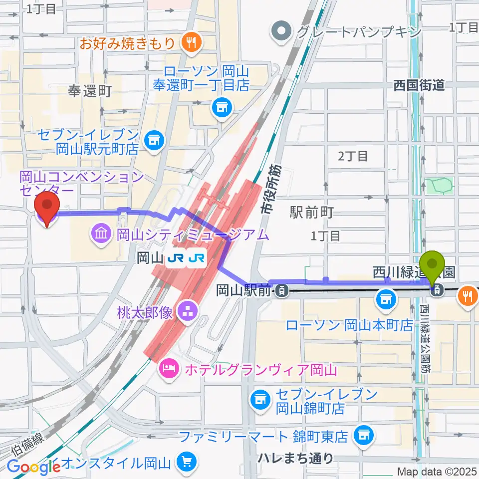西川緑道公園駅から岡山コンベンションセンターへのルートマップ地図