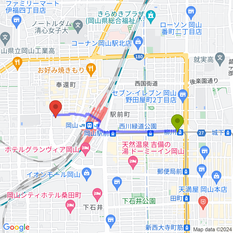 柳川駅から岡山コンベンションセンターへのルートマップ地図