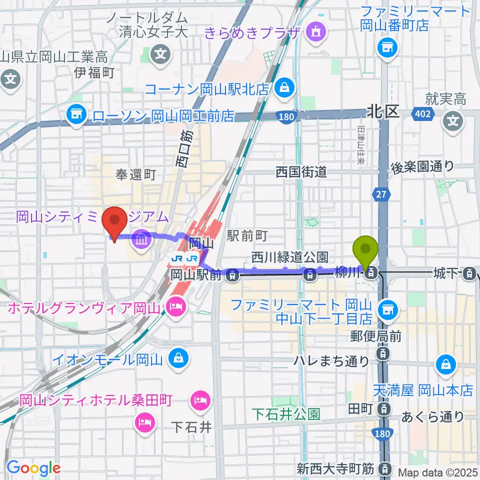 柳川駅から岡山コンベンションセンターへのルートマップ地図