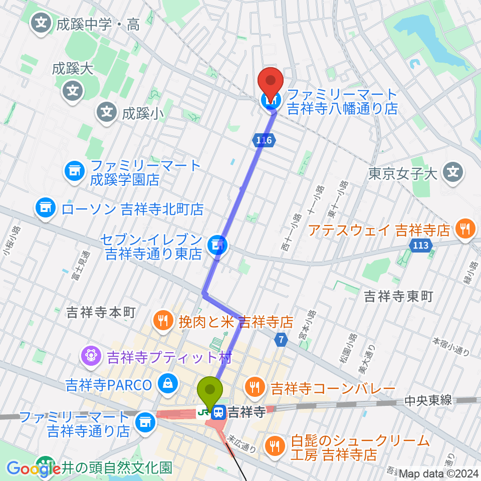 Recording Studio GOATEEの最寄駅吉祥寺駅からの徒歩ルート（約20分）地図