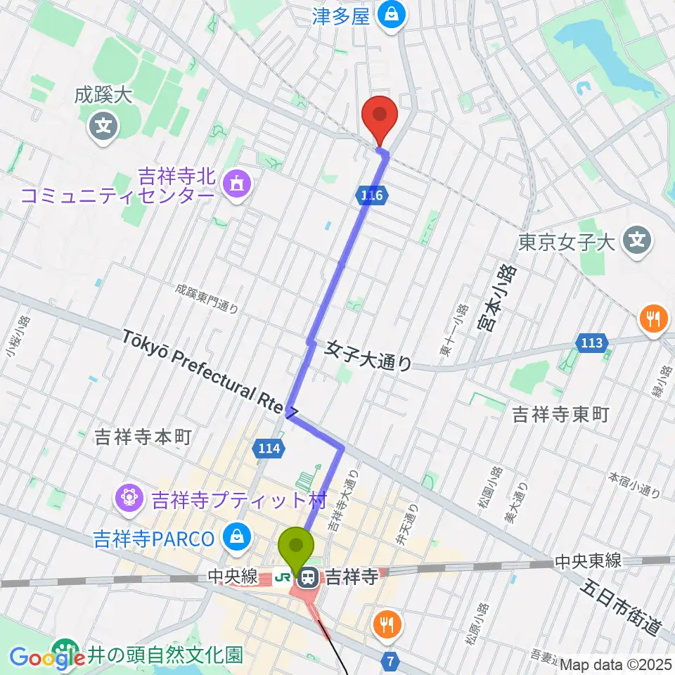 Recording Studio GOATEEの最寄駅吉祥寺駅からの徒歩ルート（約20分）地図