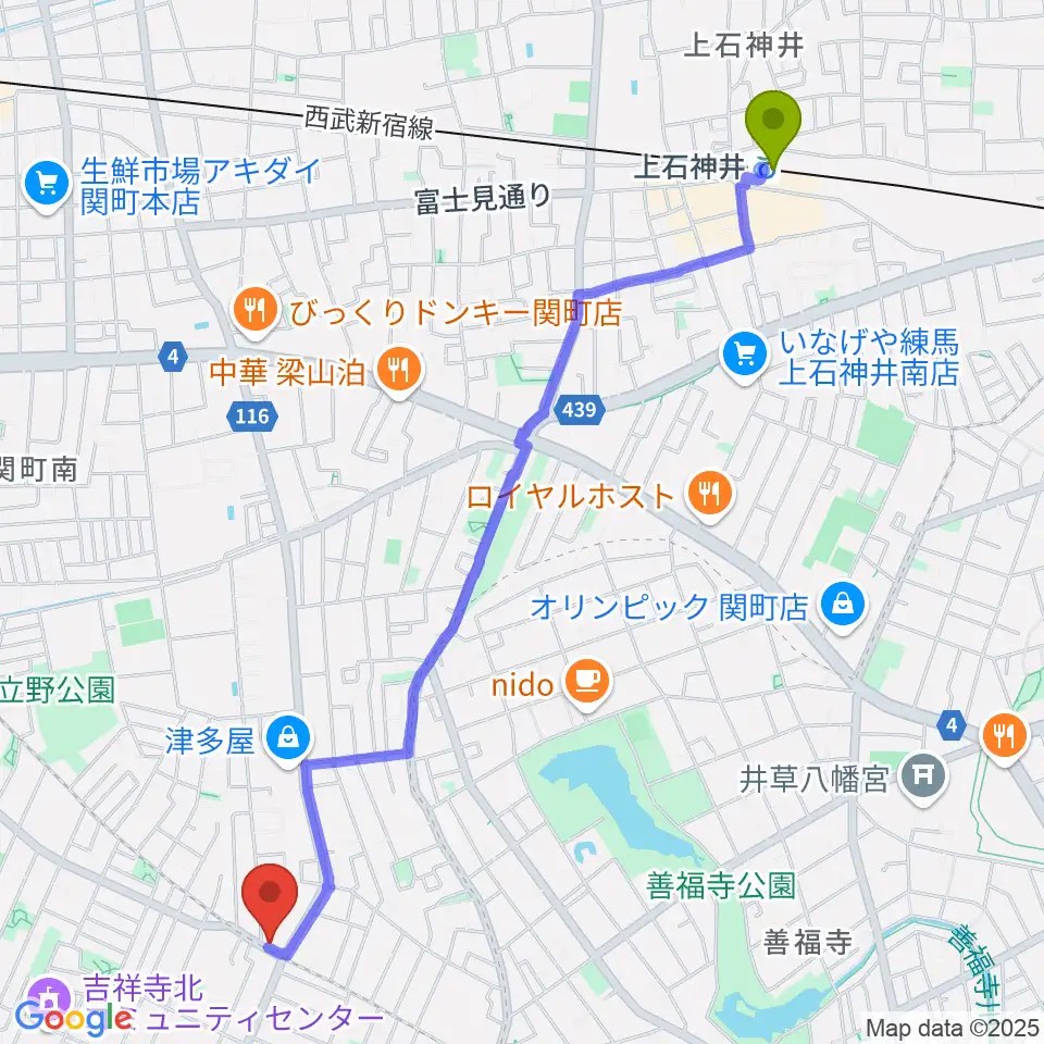 上石神井駅からRecording Studio GOATEEへのルートマップ地図